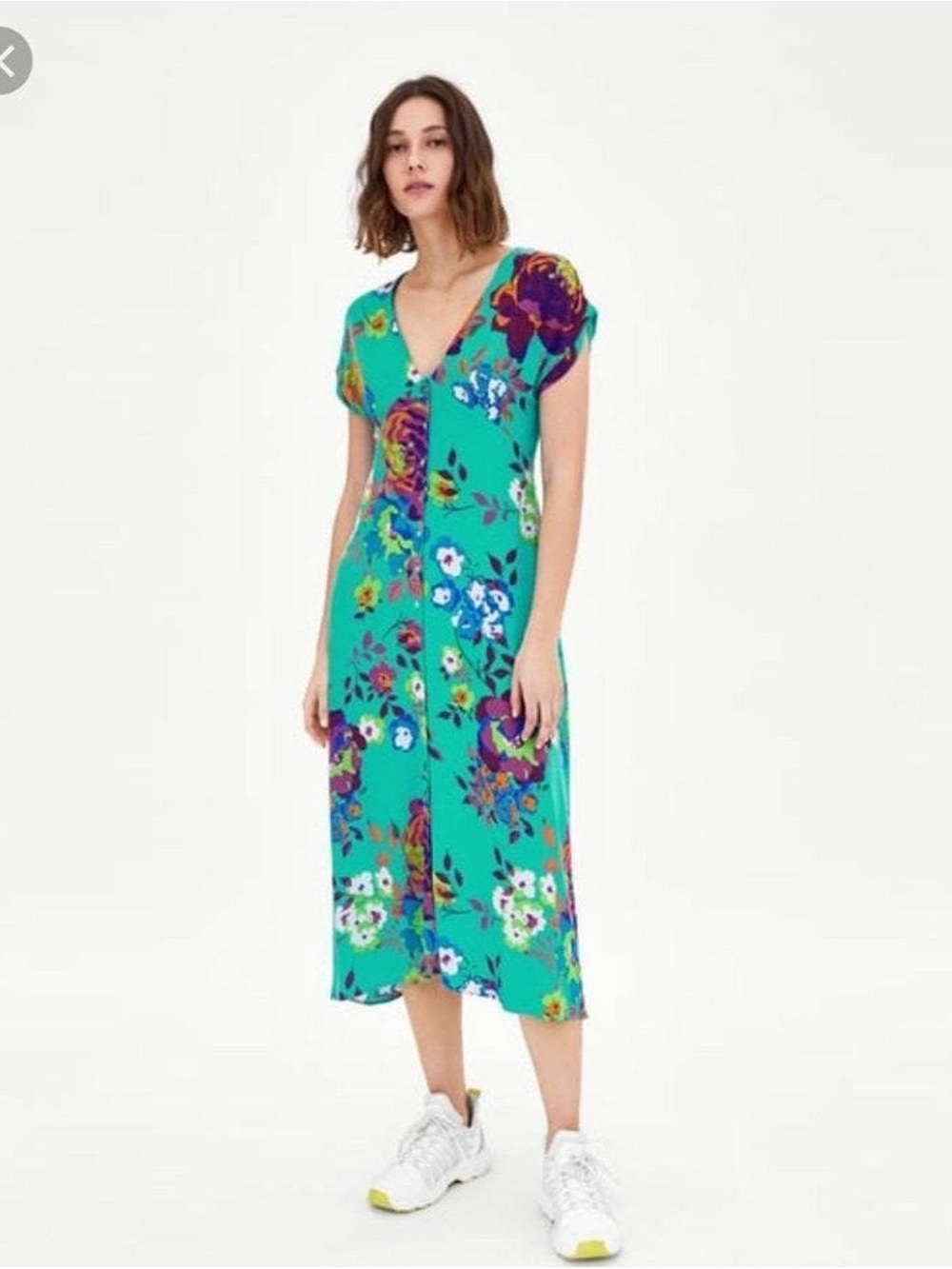 Zara Teal Floral Button-Front Midi Dress